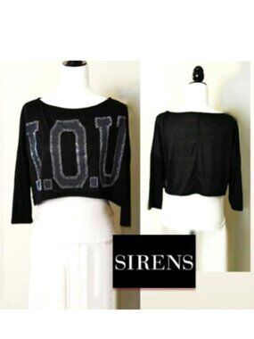 SIRENS Black Crop Tee Top w/ Grey IOU Letters Round Neck Drop Shoulder Sleeved